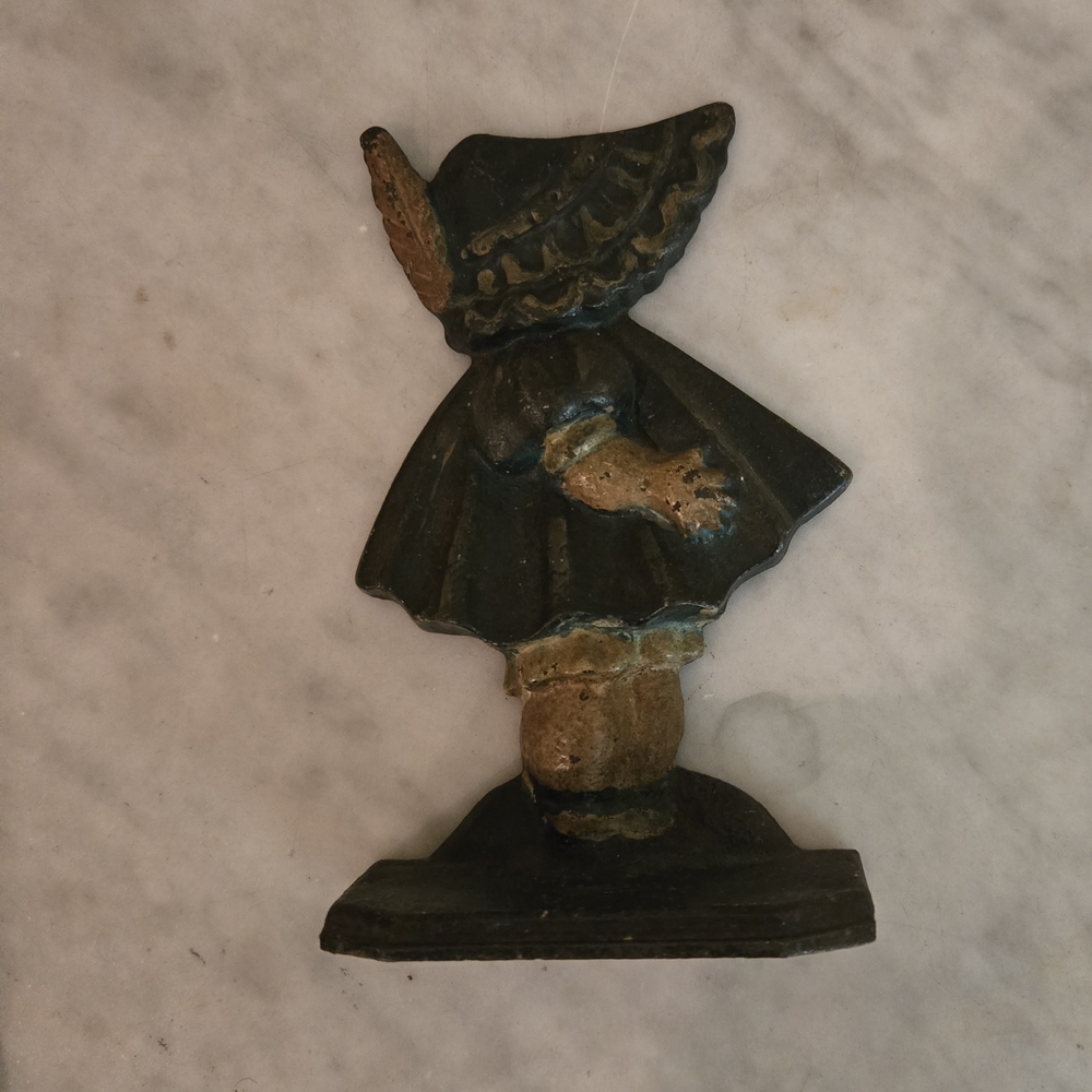 Vintage Cast Iron Figurine Door Stop - Black and Brown Sun Bonnet Lady